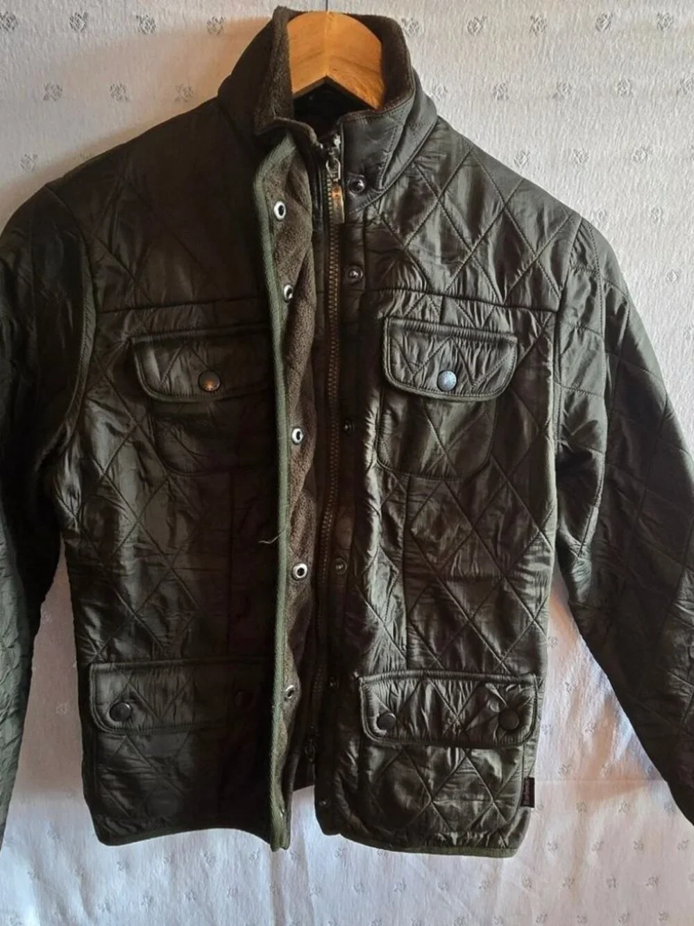 Barbour Kids Quilted Moto Jacket - Olive Green Fleece Lined Size Large